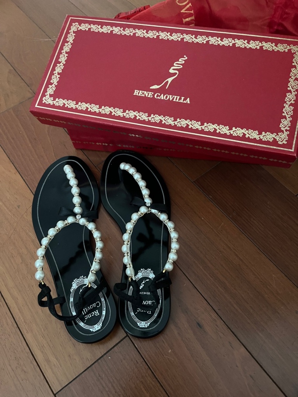 Rene Caovilla Black Sandals with Pearl Embellishments